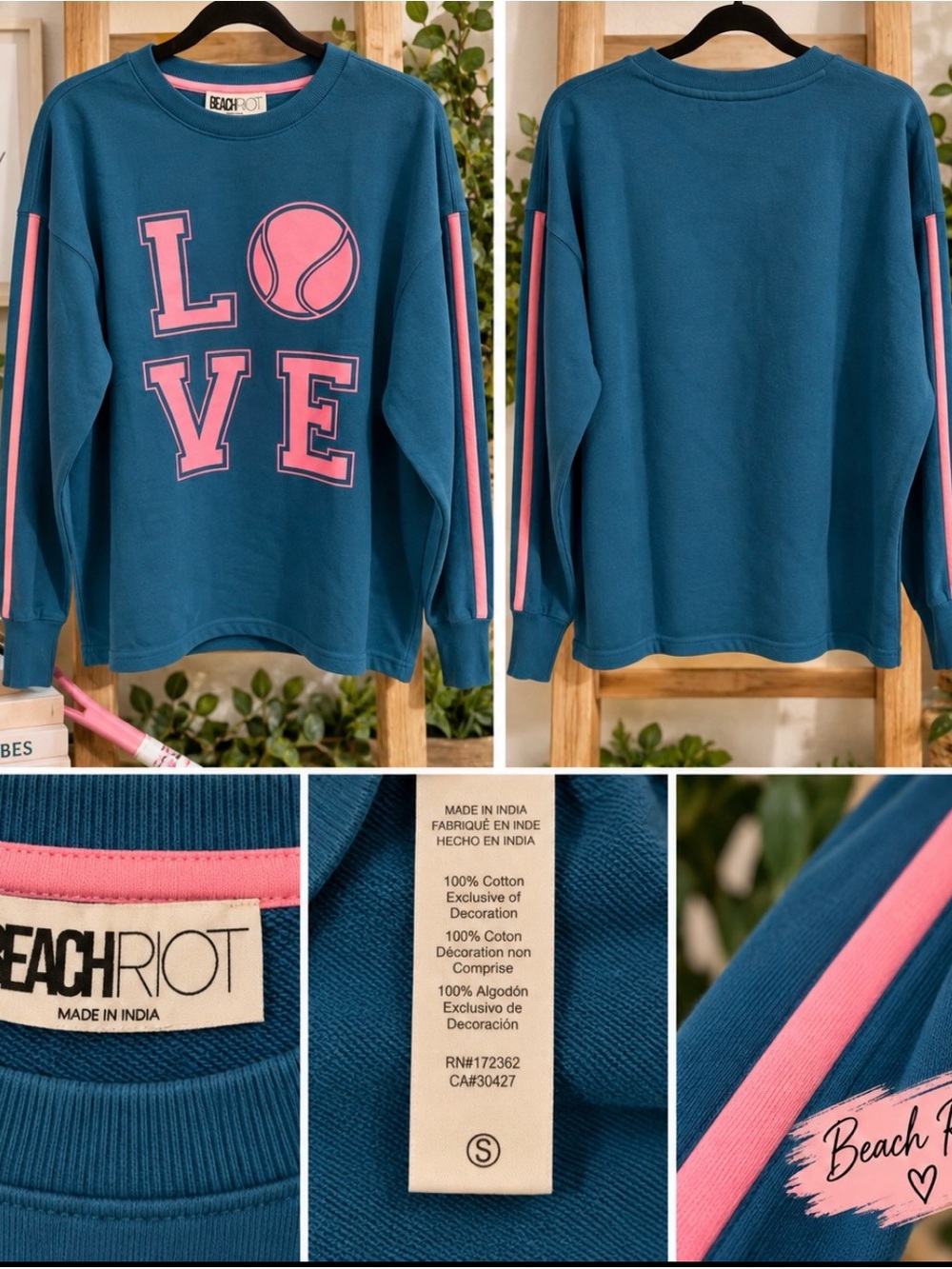 Beach Riot Cyra LOVE Tennis Sweatshirt Teal Pink 100% Cotton Small NWOT